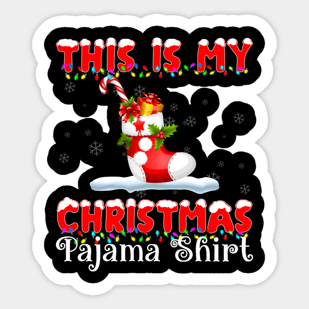 this is my Christmas pajama shirt red sock with gifts Sticker by TeesCircle